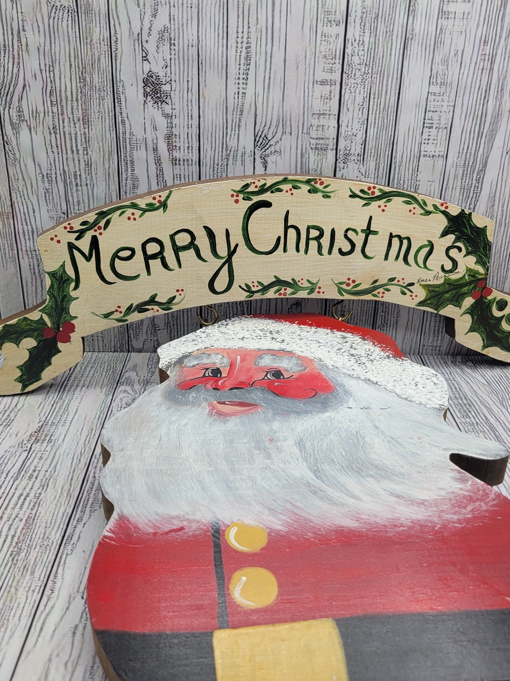Vintage 'Merry Christmas' Wooden Santa Signed By Loren Pearson